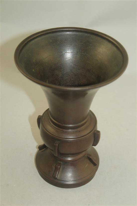 A Chinese bronze beaker vase, Gu, late 19th / early 20th century, 19cm